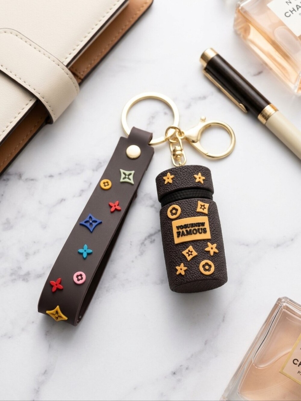 Inspired Designer Keychain Wristlet with Gold Hardware